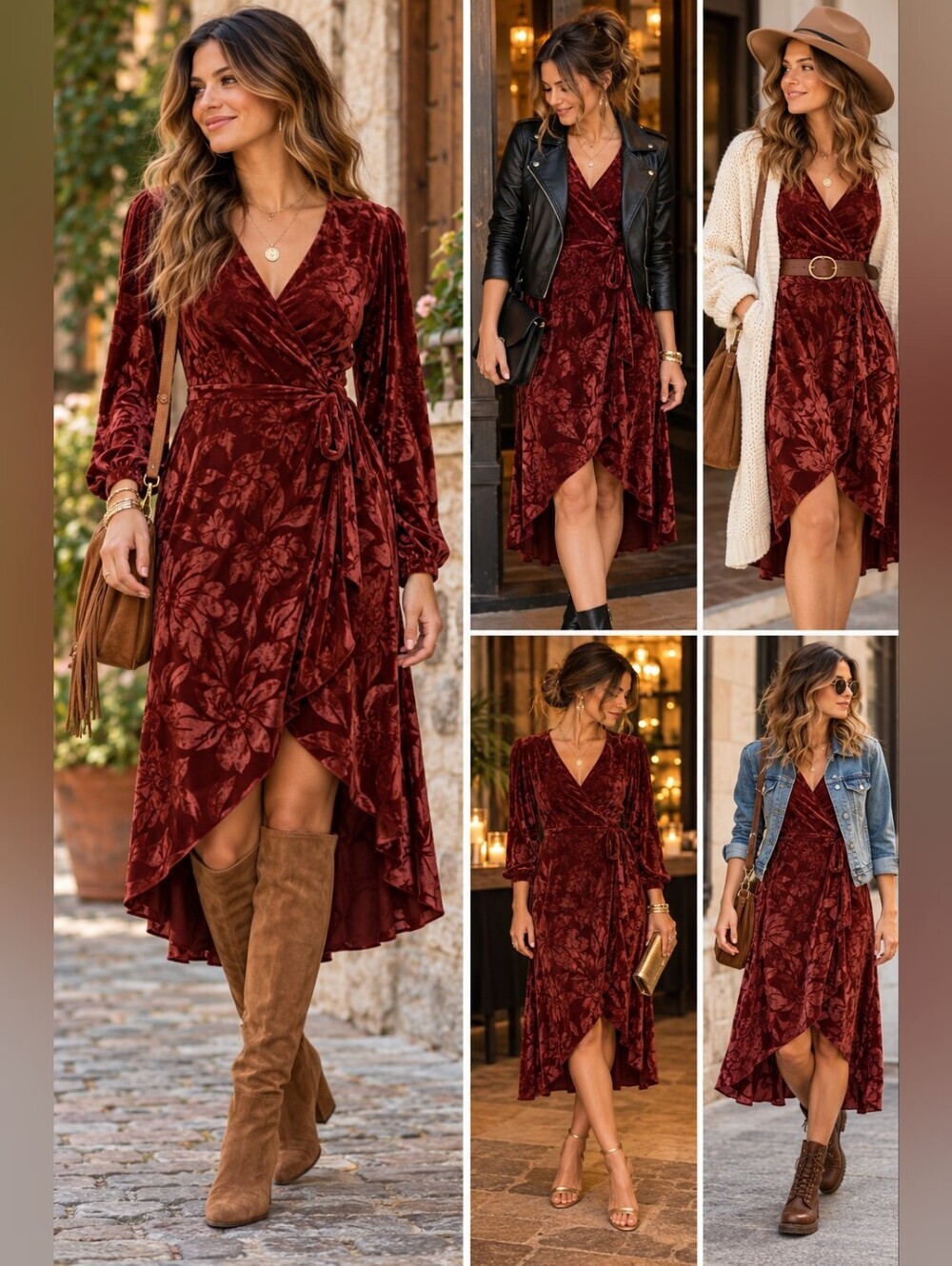 Cinnamon Velvet Burnout Floral High-Low Wrap Midi Dress Dark Romantic Regency